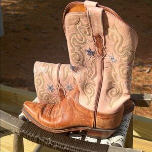 Lucchese Pink and Tan Heeled Boots with Star Accents